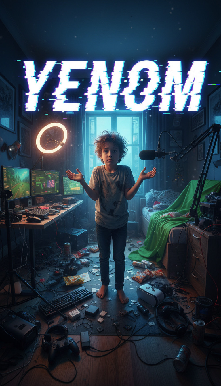 Original YENOM glitch artwork above a home creator studio